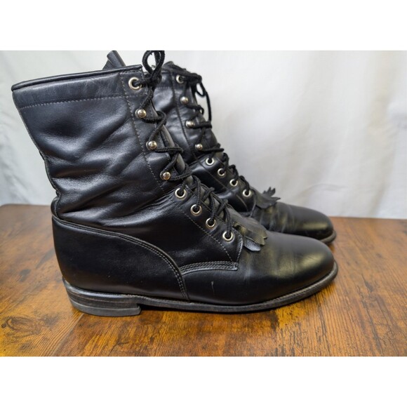 Justin Boots Size 9C Black Leather Kiltie Made in USA Vintage Roper - Picture 5 of 11